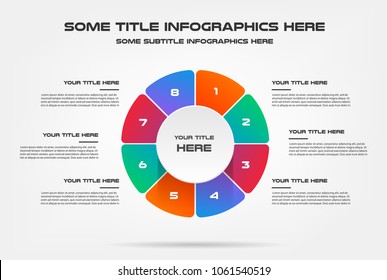 Pie chart of percentage infographics. Element of graph, diagram with 8 options - parts, processes, timeline. Vector business template for presentation, workflow layout, annual report