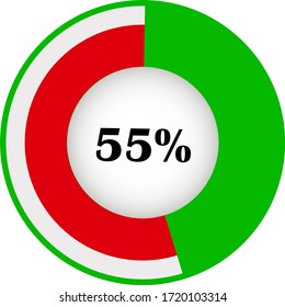 Pie chart percentage with visualization inside. showing 55% ready to use for web design, user interface (UI) or infographic. Two colors - red and green