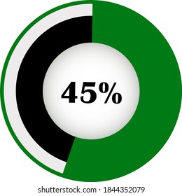 Pie chart percentage with visualization inside. showing 45% ready to use for web design, user interface (UI) or infographic. Two colors - black and green