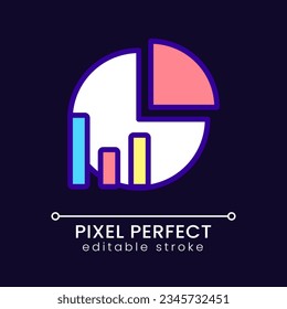 Pie chart pixel perfect RGB color icon for dark theme. Data analysis presentation. Proportional model. Simple filled line drawing on night mode background. Editable stroke. Poppins font used