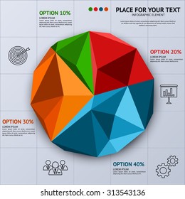 Pie chart in polygon style - business statistics with icons. Vector illustration.