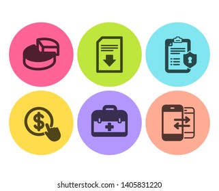 Pie chart, Privacy policy and First aid icons simple set. Buy currency, Download file and Phone communication signs. 3d graph, Checklist. Business set. Flat pie chart icon. Circle button. Vector