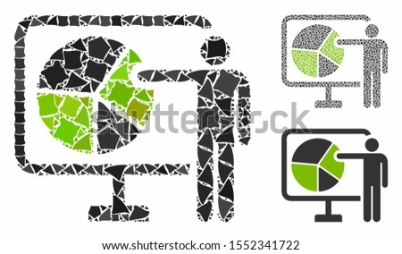 Pie chart public report composition of rough pieces in variable sizes and color tints, based on pie chart public report icon. Vector abrupt pieces are united into collage.