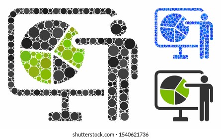Pie chart public report mosaic of small circles in variable sizes and color hues, based on pie chart public report icon. Vector small circles are grouped into blue illustration.