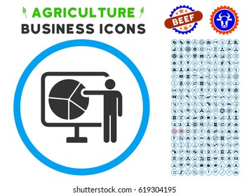 Pie Chart Public Report rounded icon with agriculture commercial pictogram pack. Vector illustration style is a flat iconic symbol inside a circle, blue and gray colors.