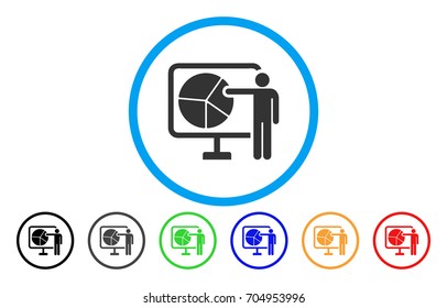 Pie Chart Public Report vector rounded icon. Image style is a flat gray icon symbol inside a blue circle. Additional color variants are grey, black, blue, green, red, orange.