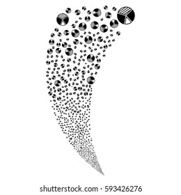 Pie Chart random fireworks stream. Vector illustration style is flat black iconic symbols on a white background. Object fountain constructed from scattered pictograms.