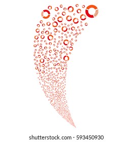 Pie Chart random fireworks stream. Vector illustration style is flat intensive red and orange iconic symbols on a white background. Object fountain made from scattered symbols.