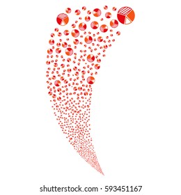Pie Chart random fireworks stream. Vector illustration style is flat intensive red and orange iconic symbols on a white background. Object fountain constructed from scattered pictographs.