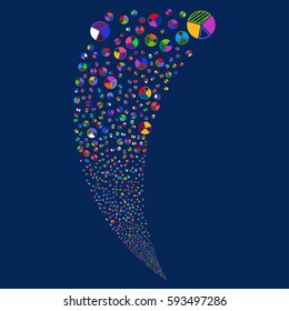 Pie Chart random fireworks stream. Vector illustration style is flat bright multicolored iconic symbols on a blue background. Object fountain created from scattered pictographs.