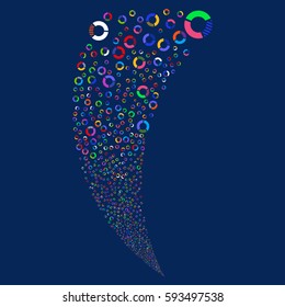 Pie Chart random fireworks stream. Vector illustration style is flat bright multicolored iconic symbols on a blue background. Object fountain created from scattered design elements.