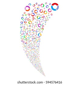 Pie Chart random fireworks stream. Vector illustration style is flat bright multicolored iconic symbols on a white background. Object fountain made from scattered design elements.