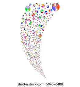 Pie Chart random fireworks stream. Vector illustration style is flat bright multicolored iconic symbols on a white background. Object fountain made from scattered pictograms.