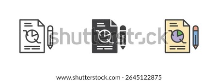 Pie chart report document with pen icon in line, filled outline and solid styles. Vector symbol for business analytics, report or presentation icon.