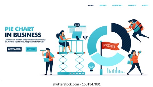 Pie chart for reports in business. Company profit report. People work around pie charts. Profits to corporate progress. Running a smart business. Human illustration for website, mobile apps, poster