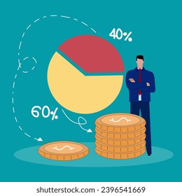 Pie chart for reports and presentations UI, WEB. Simulated pie chart of a businessman who wants to share profits.