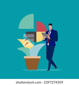 Pie chart for reports and presentations UI, WEB. Simulated pie chart of a businessman who wants to share profits.