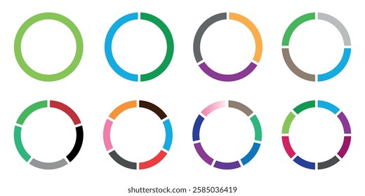 Pie chart round. Set of different color circles, Pie chart with divided segments in multiple colors.