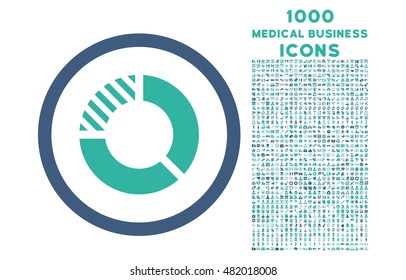 Pie Chart rounded vector bicolor icon with 1000 medical business icons. Set style is flat pictograms, cobalt and cyan colors, white background.