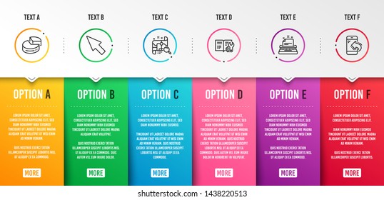 Pie chart, Search map and Typewriter icons simple set. Mouse cursor, Engineering documentation and Incoming call signs. 3d graph, Find address. Technology set. Infographic template. 6 steps timeline