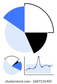 Gráfico de pizza com seções em branco preto azul. Gráfico de linhas com pontos de dados azuis. Ideal para análise de visualização de dados, negócios, estatísticas, crescimento, comparação e pesquisa. Metáfora de linha