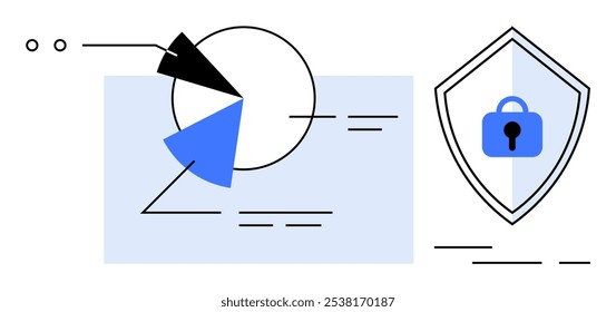 Pie chart sections and connecting lines next to a shield with a lock symbolize data analysis and security. Ideal for data protection, cybersecurity, business analysis, secure data storage