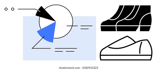 Pie chart segmenting shoe market data, abstract geometric shapes, and diverse shoe designs. Ideal for business analysis, market research, sales presentations, fashion industry, strategic planning
