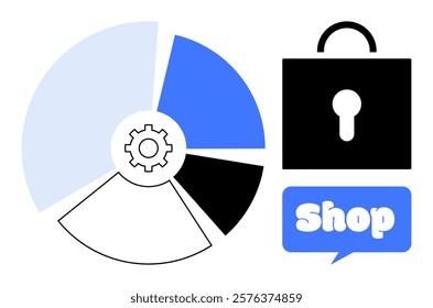 Pie chart with segments, gear symbol in the center, lock icon, and Shop text in bubble. Ideal for data security, e-commerce, business analytics, online shopping, technology presentations. Flat