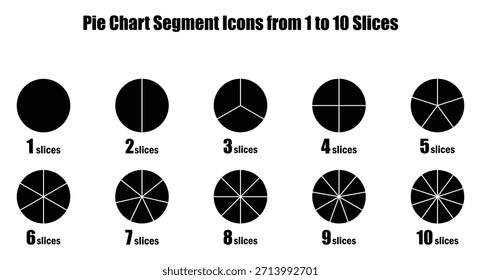Conjunto de iconos de segmentos de gráfico circular que muestran gráficos circulares divididos de uno a diez sectores iguales para la visualización de datos y el uso de estadísticas