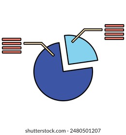 Pie chart with segments representing data, statistics, and analysis. Visual representation of information for business, finance, and marketing.