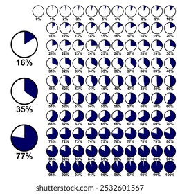 Pie chart set from 0 to 100 percent (eps). circle percentage diagram illustration set for infographics, ui, app etc use. progress bar, downloading, loading, finance, marketing, sell etc concept.	