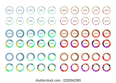 Pie chart set from 10 to 100 percent. Circle pie chart. 2, 3, 4, 5, 6, 7, 8, 9, 1 0 sections and steps to illustrate a business plan, infographic, and reporting. Simple design. Vector.