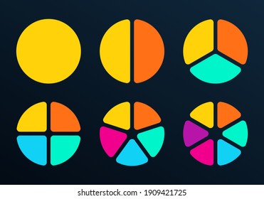 Pie chart set with 1,2,3,4,5,6 sections or steps. Circular chart, graph or diagram. Circle infographic design. Vector illustration.