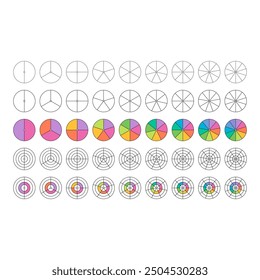 pie chart set. 2 to 10 segmented circles. segmented colored circles. segmented circles set