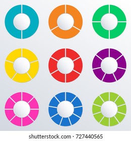 Pie Chart Set With 2,3,4,5,6,7,8,9,10 Parts Or Sections. Circle Diagram, Graph, Business Presentation And Chart. Colorful Wheel Infographics Template. Vector Illustration.