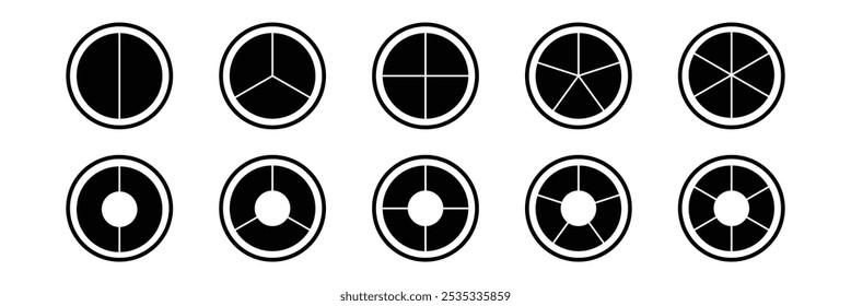 Conjunto de gráficos de pizza. Coleção de diagramas pretos com. Ícones circulares para infográfico. Ilustração do vetor do gráfico de pizza.