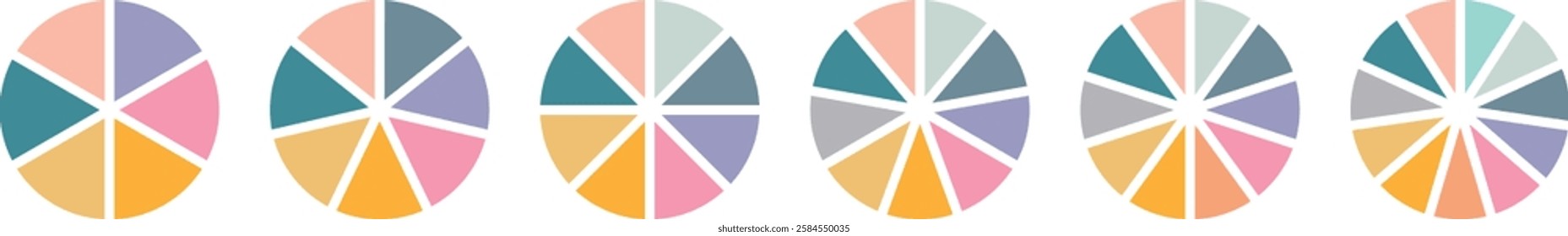 Pie chart set. Pie charts diagrams. Different color circles isolated. Circle section graph. Infographic element round shape. Vector. Pie chart divided 1,2,3,4,5,6,7,8,9,10,11,12 equal parts.