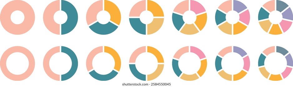 Pie chart set. Pie charts diagrams. Different color circles isolated. Infographic element round shape. Vector. Circle section graph. Pie chart divided 1,2,3,4,5,6,7,8,9,10,11,12 equal parts.