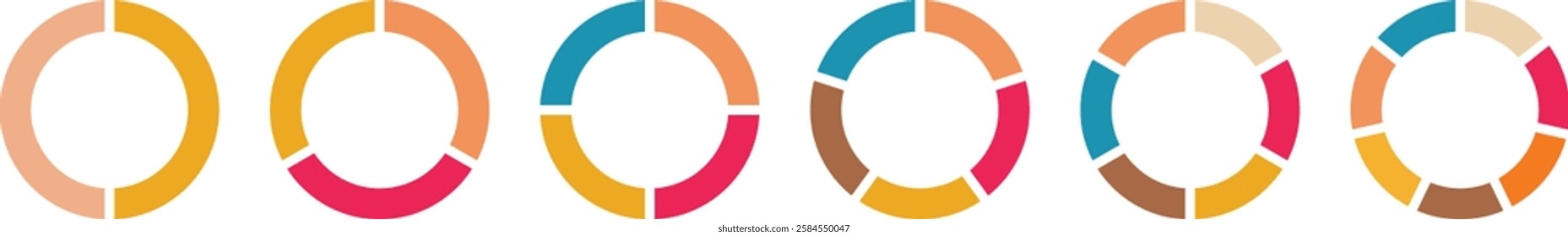 Pie chart set. Pie charts diagrams. Different color circles isolated. Infographic element round shape. Vector. Pie chart divided 1,2,3,4,5,6,7,8,9,10,11,12 equal parts. Circle section graph.