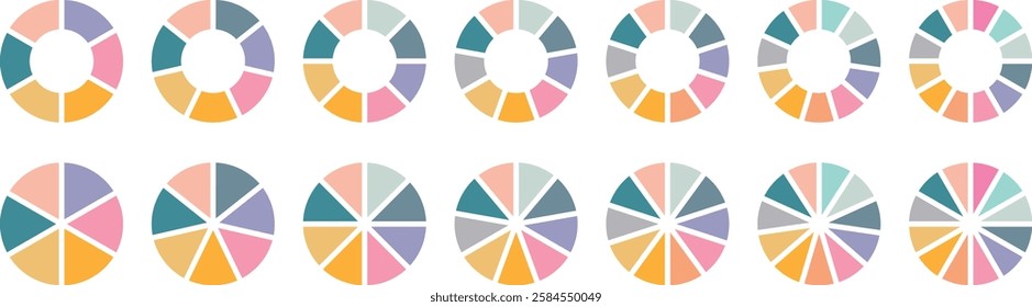 Pie chart set. Pie charts diagrams. Different color circles isolated. Infographic element round shape. Circle section graph. Vector. Pie chart divided 1,2,3,4,5,6,7,8,9,10,11,12 equal parts.