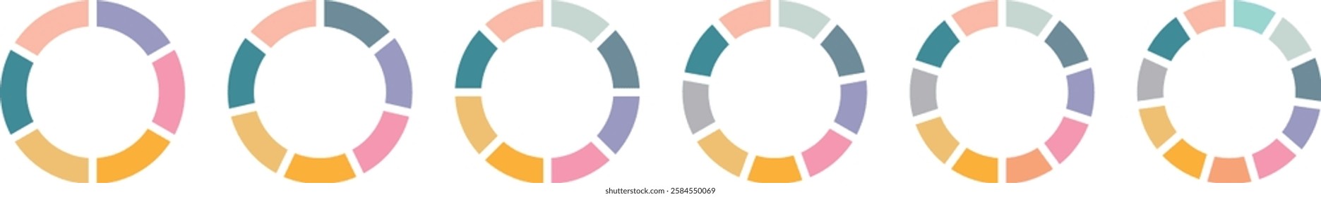 Pie chart set. Pie charts diagrams. Circle section graph. Different color circles isolated. Infographic element round shape. Vector. Pie chart divided 1,2,3,4,5,6,7,8,9,10,11,12 equal parts.