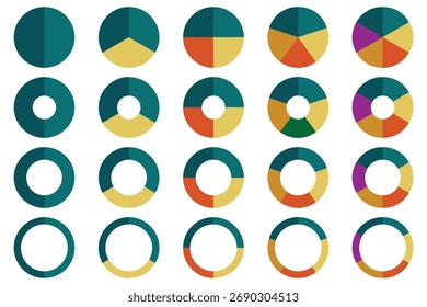 Pie chart set. Circle pie charts diagrams. Different color circles isolated. Circle section graph. Infographic element round shape. Trendy infographic design with colorful circle diagram. eps 10