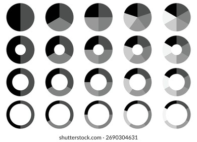Conjunto de gráfico circular. Diagramas circulares. Diferentes círculos de color aislados. Gráfico de sección circular. Elemento infográfico de forma redonda. Diseño de infografía de moda con diagrama de círculo colorido. eps 10