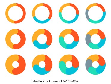 Juego de gráfico circular. Diseño del diagrama de círculo. Gráfico circular con 2, 3, 4, 5 pasos para presentación de negocios. Plantilla de infografía de rueda de progreso. Ilustración vectorial.