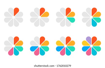 Pie chart set. Circle diagram design. Circular graph with 2, 3, 4, 5, 6, 7, 8 steps or parts for business presentation. Progress wheel infographic template. Vector illustration.