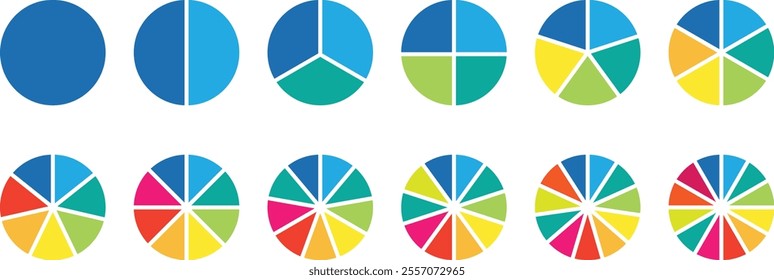Pie chart set. Circle diagram collection Colorful Pie chart divided 1, 3, 6, 9, 12 equal parts. Segmented circle icons for data analysis, web design with sections or parts. Pie chart vector