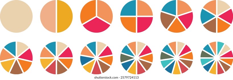 Pie chart set. Circle pie chart diagram. 1,2,3,4,5,6,7,8,9,10, sections or steps. Flat process cycle. Colorful diagram collection with. Circle icons for infographic.