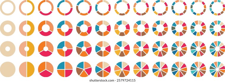 Pie chart set. Circle pie chart diagram. 1,2,3,4,5,6,7,8,9,10, sections or steps. Flat process cycle. Circle icons for infographic. Colorful diagram collection with.