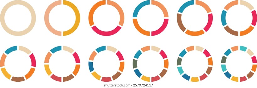 Pie chart set. Circle pie chart diagram. 1,2,3,4,5,6,7,8,9,10, sections or steps. Colorful diagram collection with. Flat process cycle. Circle icons for infographic.