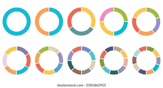 Pie chart set. circle diagram with 1, 2, 3, 4, 5, 6,7,8,9,10, steps or section. Progress graph template. Infographic design element. Vector illustration.